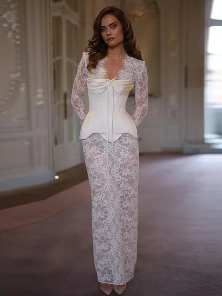 Lace Mini Dress for Women with Corset and Long Sleeves