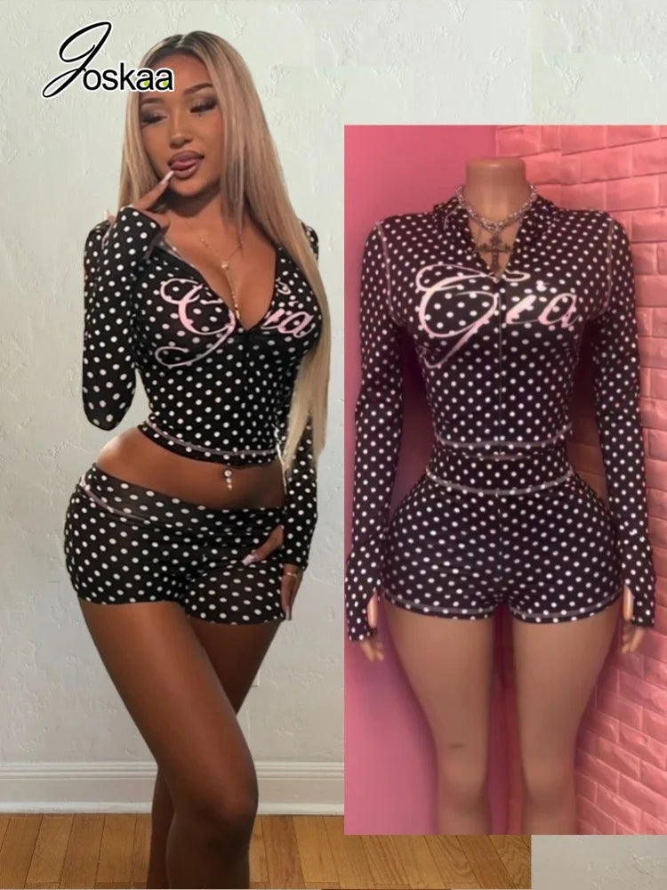 Joskaa Dot Print Tracksuit Set Women Long Sleeve Crop Top