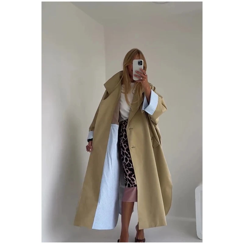 Khaki Long Color-block Stripe Trench Coat for Women