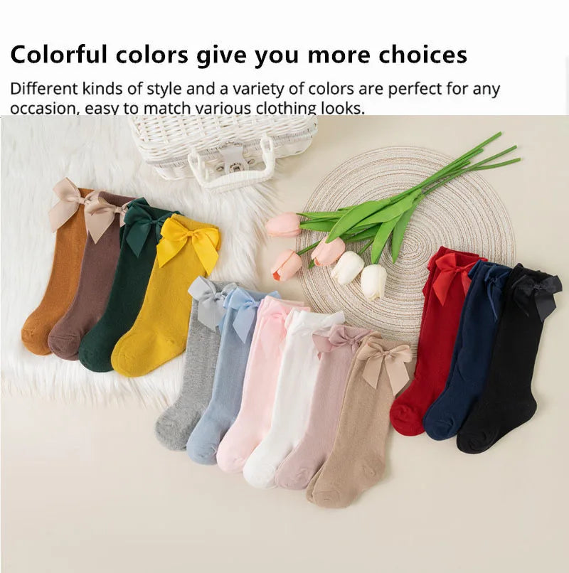 Knee High Cotton Baby Socks with Big Bow