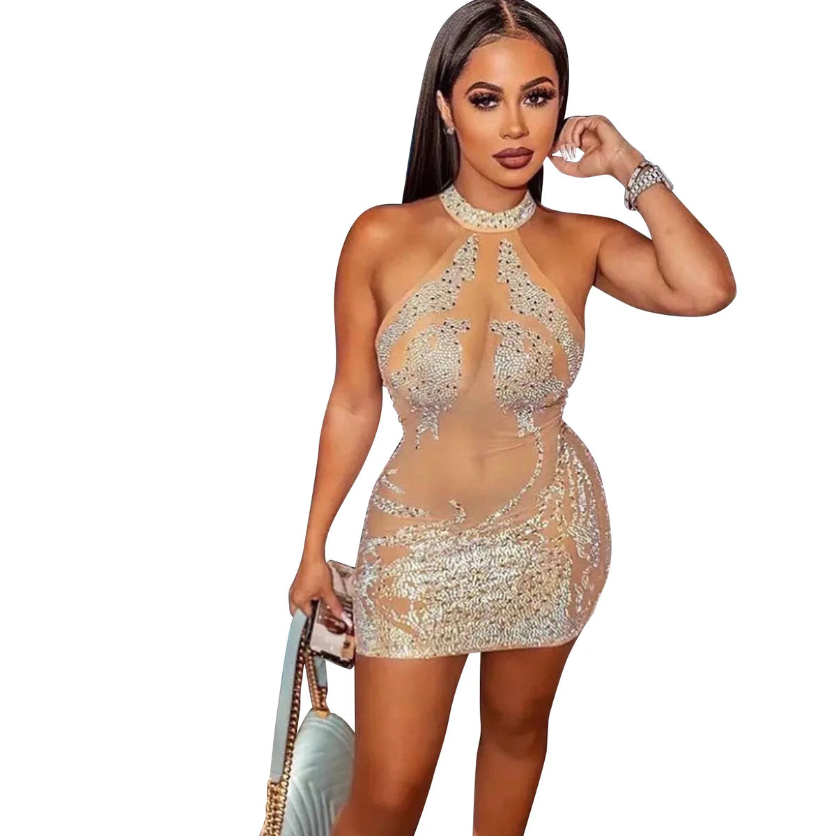 Rhinestone Mesh Bodycon Mini Dress for Women