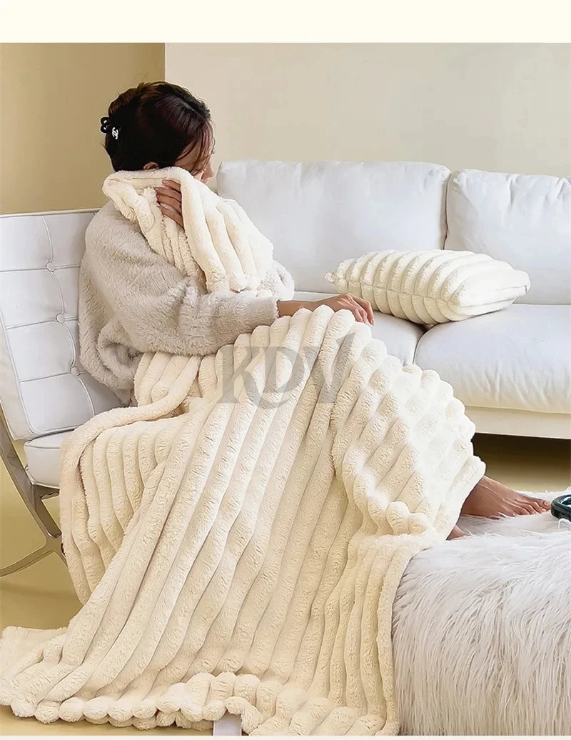 Luxury Faux Rabbit Fur Throw Blanket Solid Color Plush