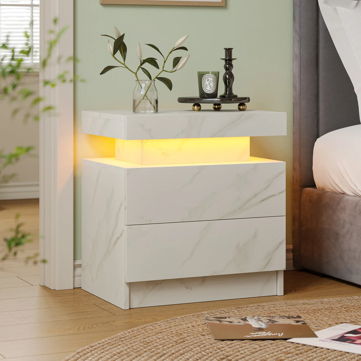 Cubehom White LED Nightstand with 2 Drawers