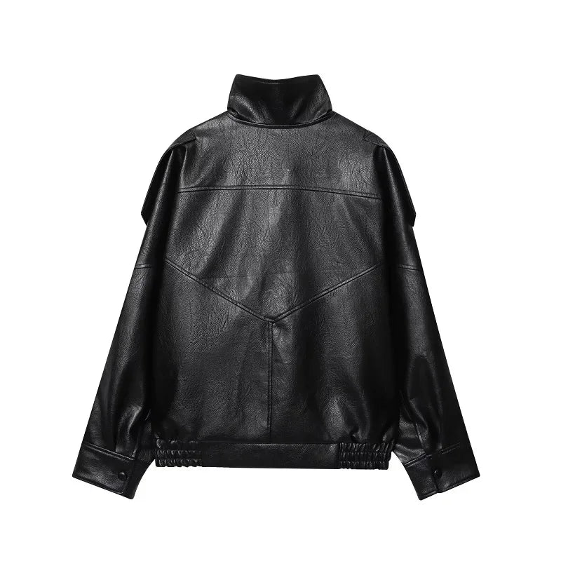 Faux Leather Oversize Bomber Jacket for Women