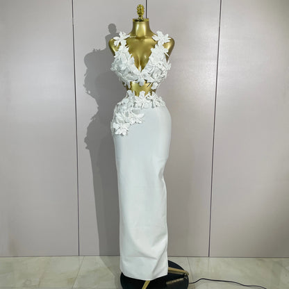 Women White Flowers V-Neck Bodycon Dress Set