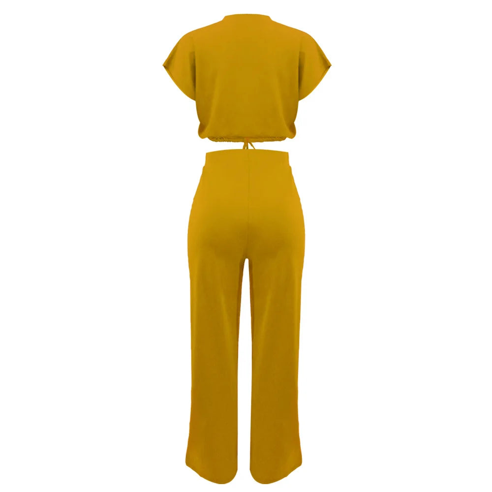 Women Casual Short Sleeve Drawstring Top and High Waist Pants Set