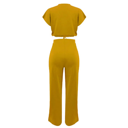 Women Casual Short Sleeve Drawstring Top and High Waist Pants Set