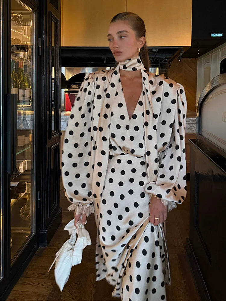 Elegant Satin Polka Dot Maxi Dress for Women