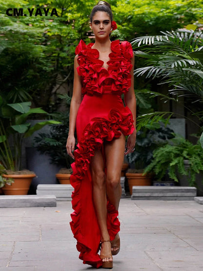 CM.YAYA Women Ruffled Asymmetrical V-Neck Bodysuit and Long Skirt Set