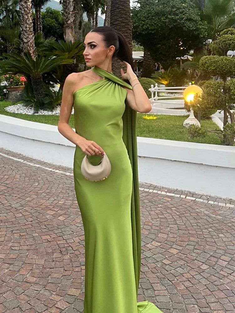 Elegant Halter Dress Women Solid Backless Maxi Dress