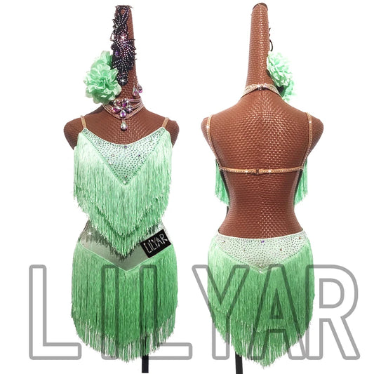 Latin Dance Dress with Rhinestones and Tassels in Red and White