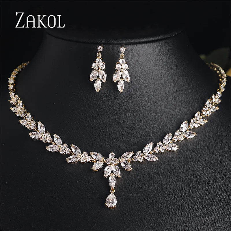 ZAKOL Brilliant Zirconia Leaf Jewelry Set for Women