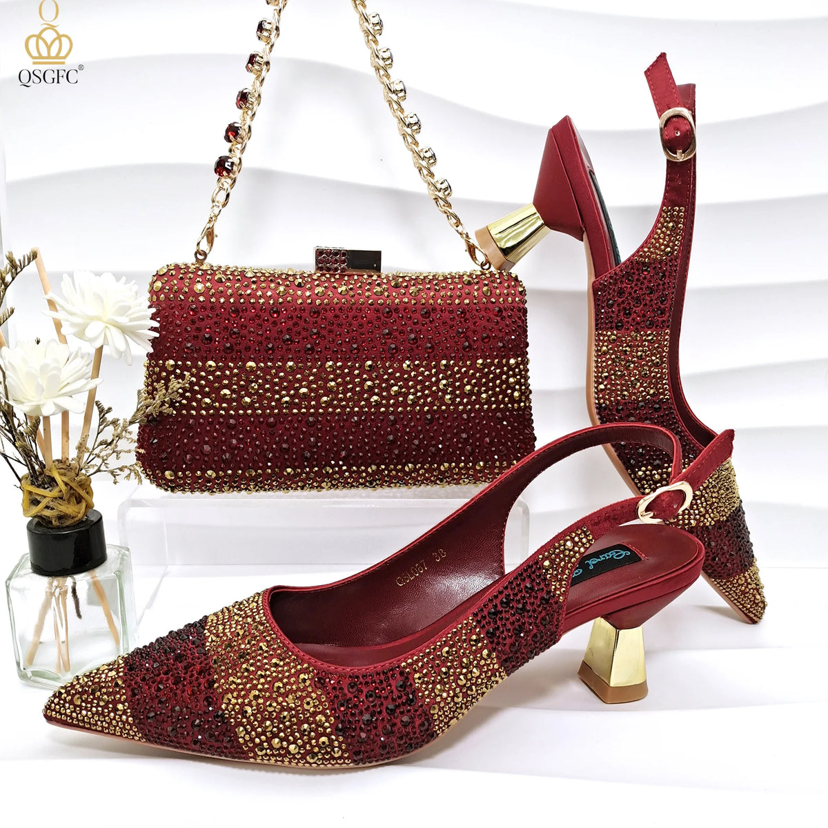Italian Luxury Green Rhinestone Shoes and Bag Set