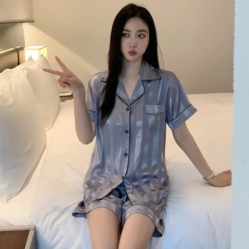 Ice Silk Women's Striped Pajamas Set Short Sleeve