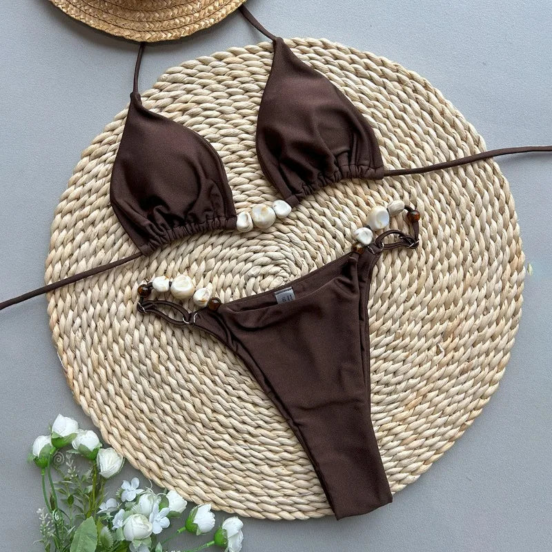 Solid Green Halter Triangle Bead String Bikini Set