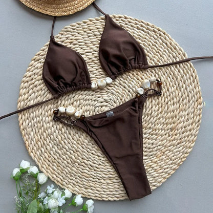 Solid Green Halter Triangle Bead String Bikini Set