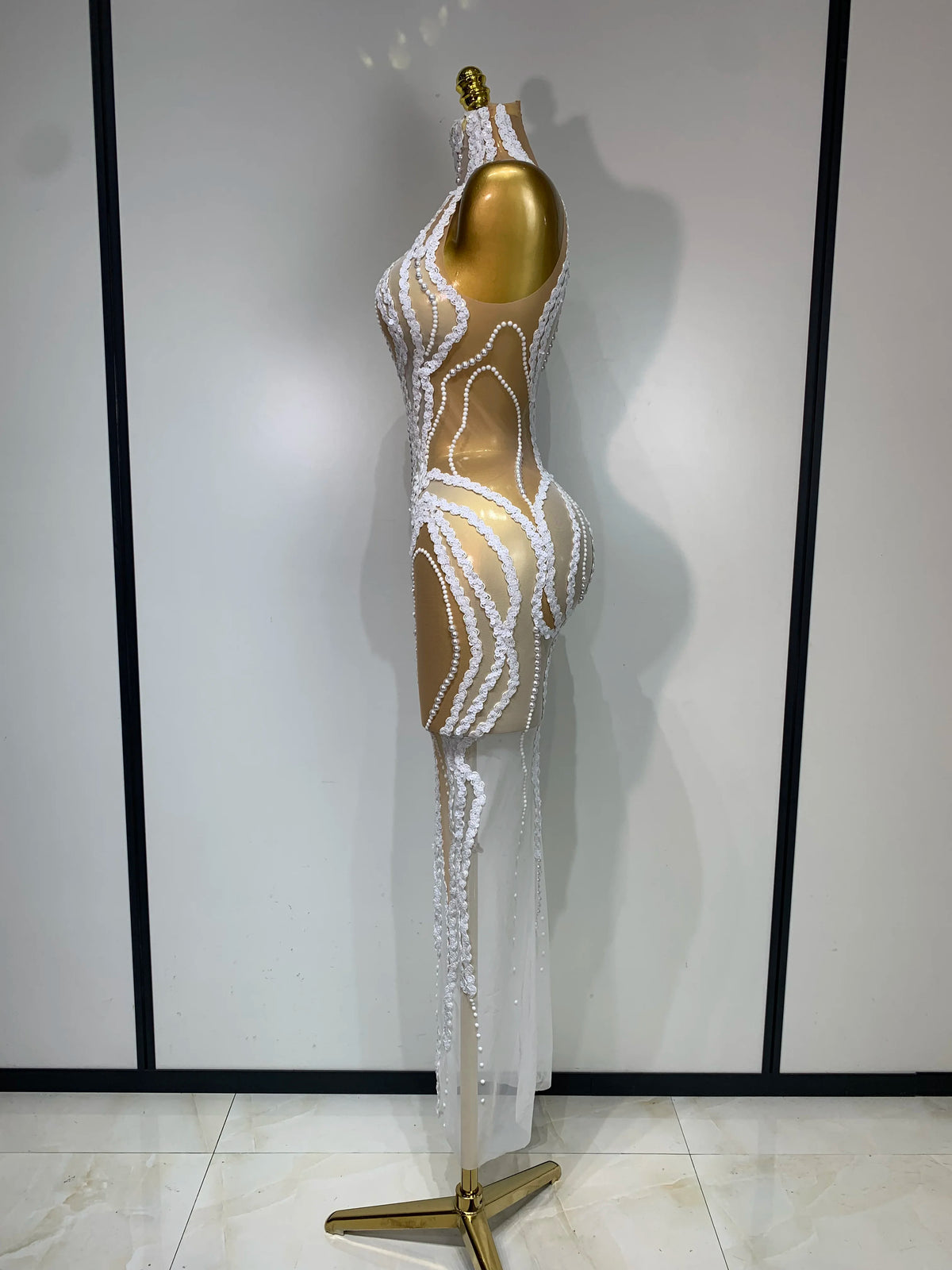 Elegant Women Long Dress with Pearl Sequins