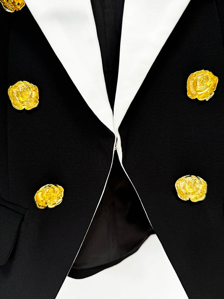 Slim Fitting Color Block Blazer with Rose Metal Buttons