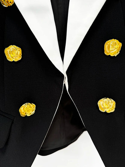 Slim Fitting Color Block Blazer with Rose Metal Buttons