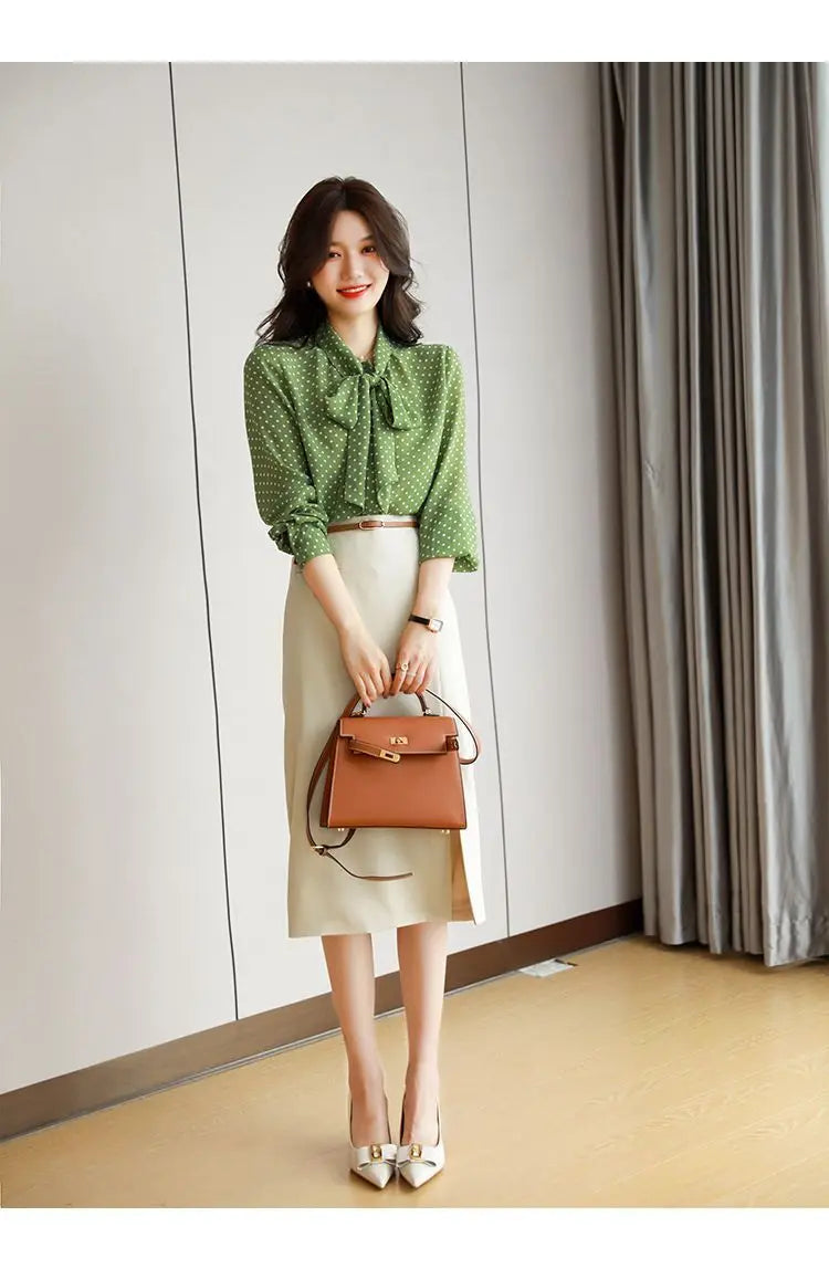 Shawl Collar Long Sleeve Blouse Women Polka Dot Cardigan