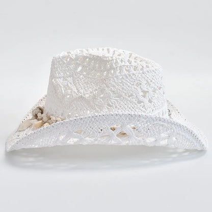 Hand Woven Straw Sun Hat for Women with Shell Decoration