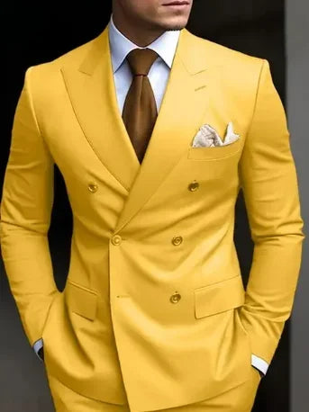 Brown Men's Slim Fit Double Breasted Suit Blazer
