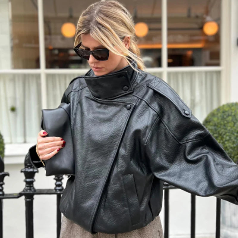 Women's Black Leather Bomber Jacket Zip-Up