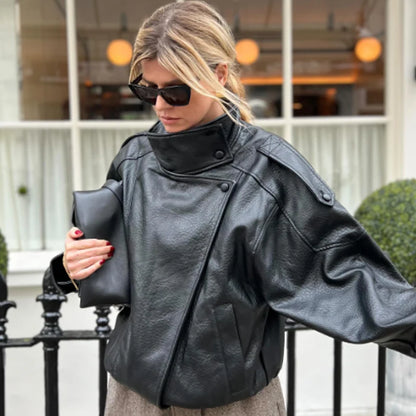 Women's Black Leather Bomber Jacket Zip-Up