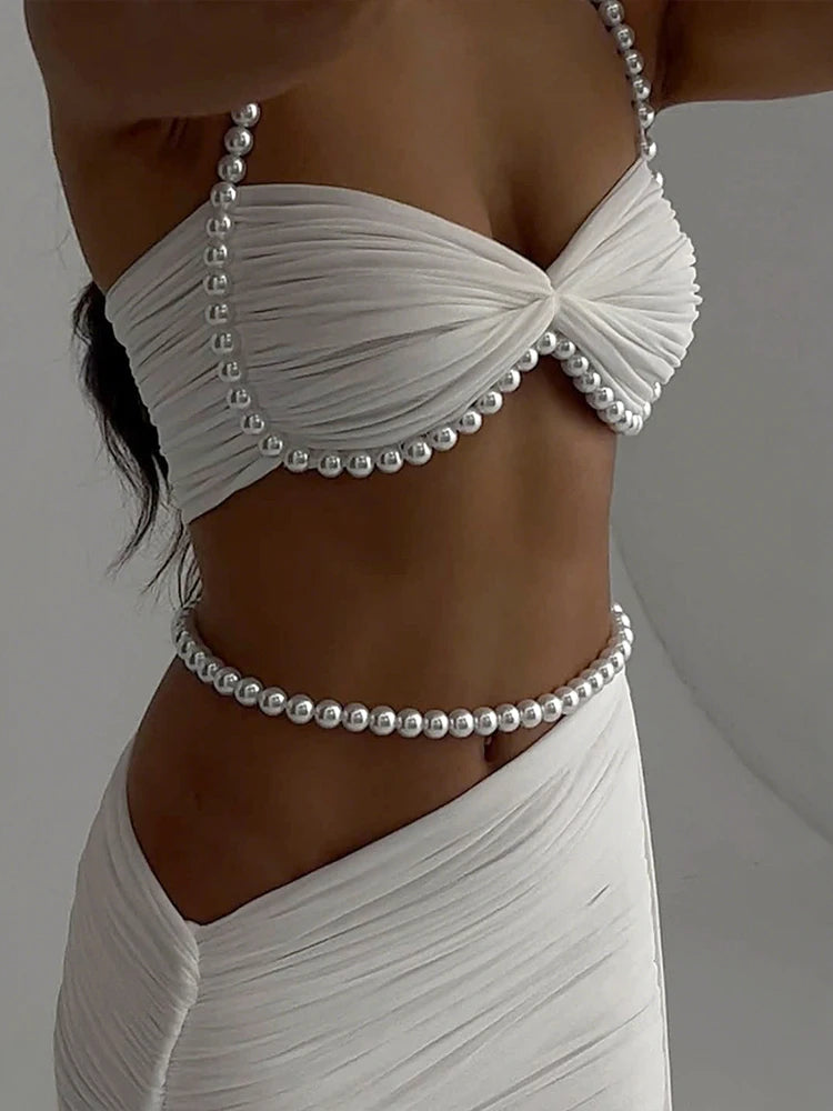 Sexy Bead Patchwork 2-Piece Set Women Halter Bra and Bottom
