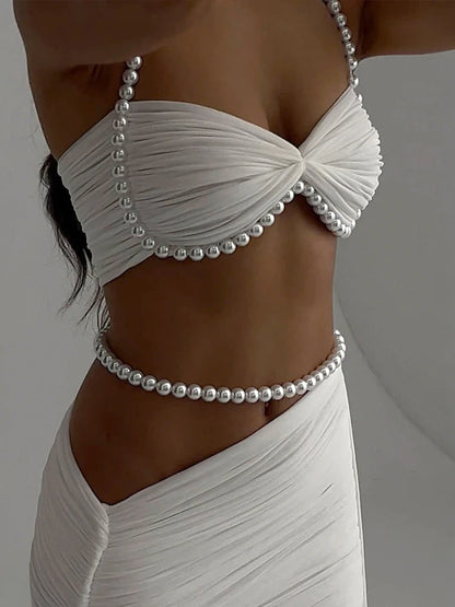 Sexy Bead Patchwork 2-Piece Set Women Halter Bra and Bottom
