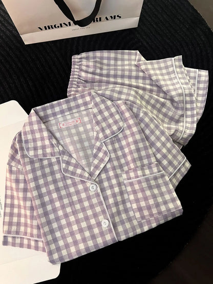 Japanese Minimalist Women's Pink Plaid Pajamas