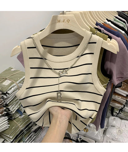 Striped Knit Sleeveless Waistcoat for Women
