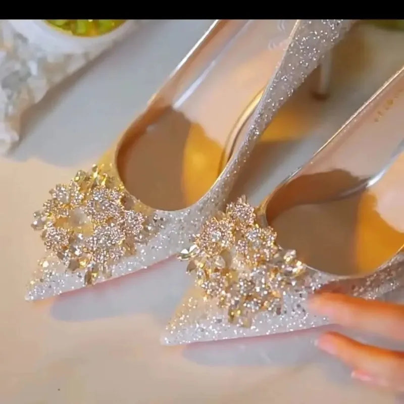 Elegant Crystal Pointed Toe High Heel Pumps for Women