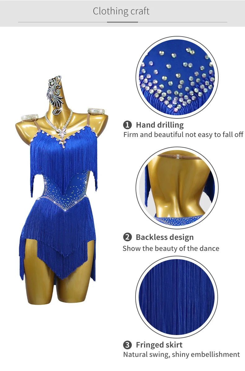 Latin Performance Dance Dress Women Blue Fringe Skirt