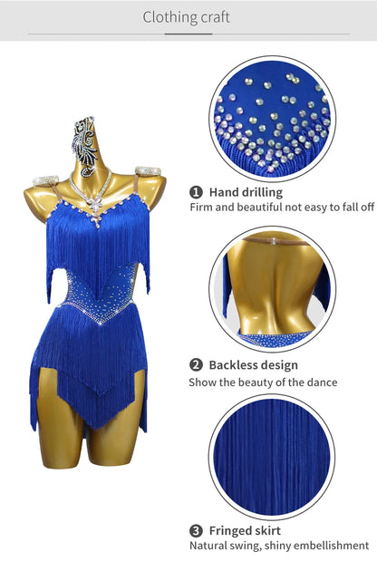Latin Performance Dance Dress Women Blue Fringe Skirt