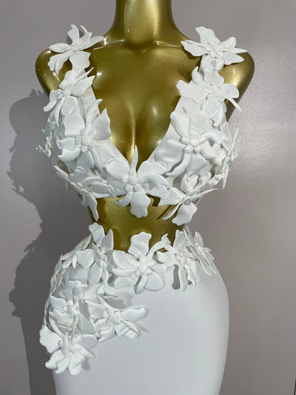 Women White Flowers V-Neck Bodycon Dress Set