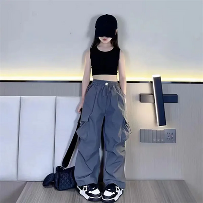 Girls Cargo Pants Cotton Polyester Black Grey Red