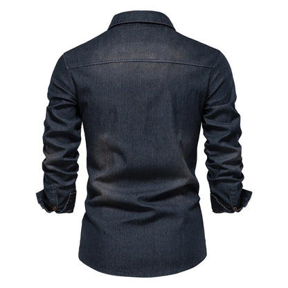 Elastic Cotton Denim Shirt Men Long Sleeve Casual