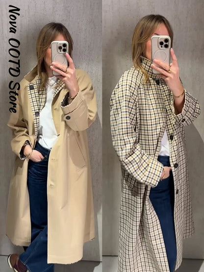 Reversible Plaid Long Trench Coat Women Single Breasted