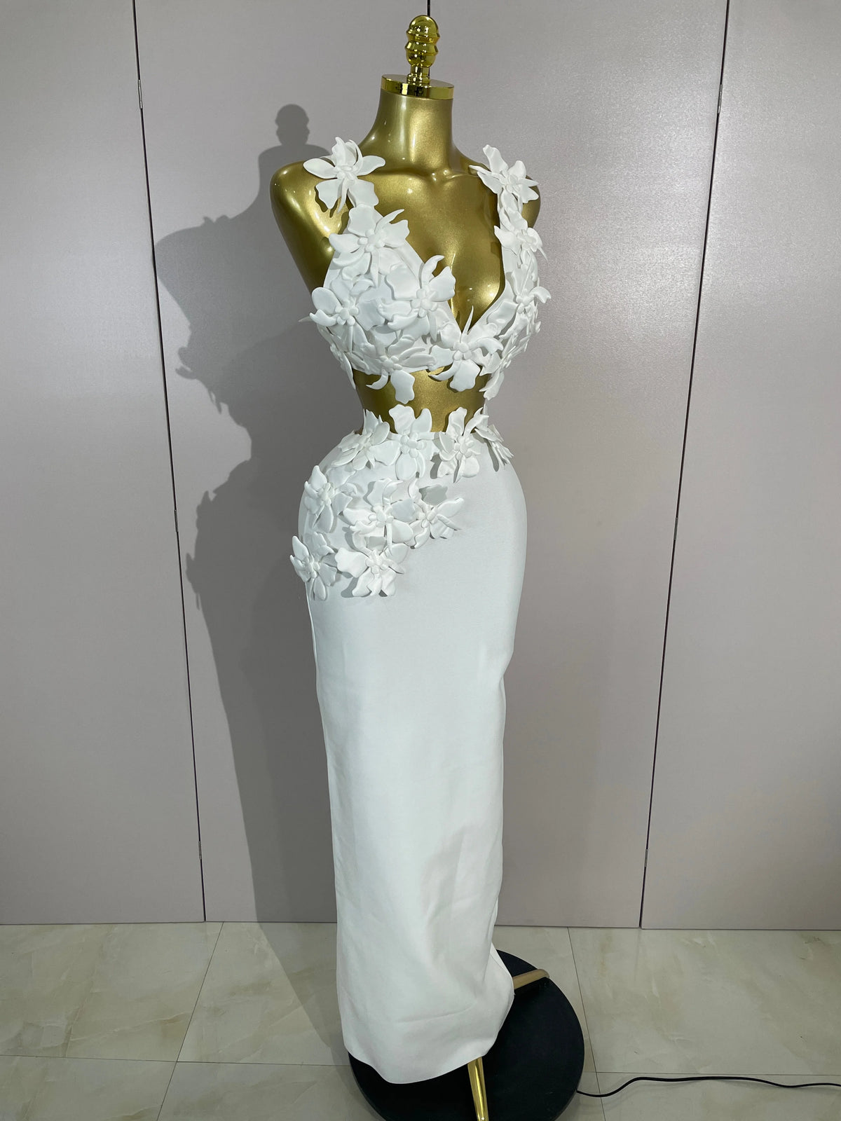 Women White Flowers V-Neck Bodycon Dress Set