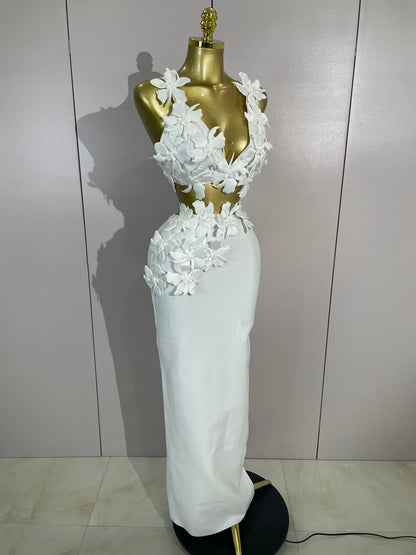 Women White Flowers V-Neck Bodycon Dress Set