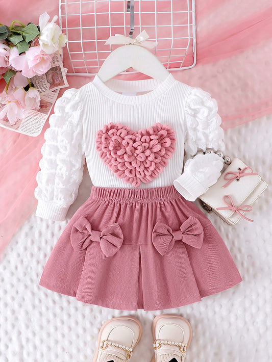 Cute Heart Pattern Polyester Top and Pink Skirt Set