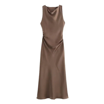 Satin Midi Dress for Women Sleeveless Elegant Evening Dress