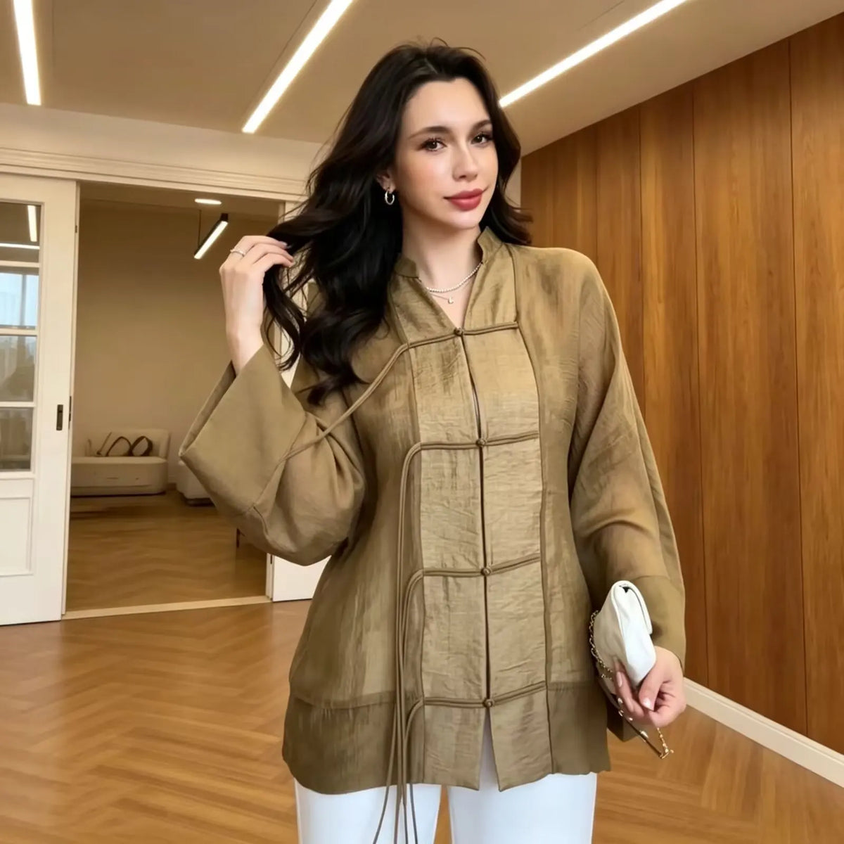 Women's Yellow Long Sleeve Shirt with Knot Decoration