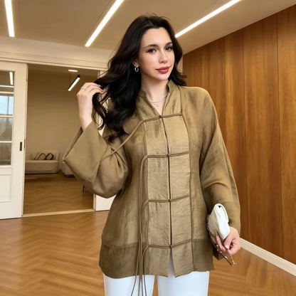Women's Yellow Long Sleeve Shirt with Knot Decoration