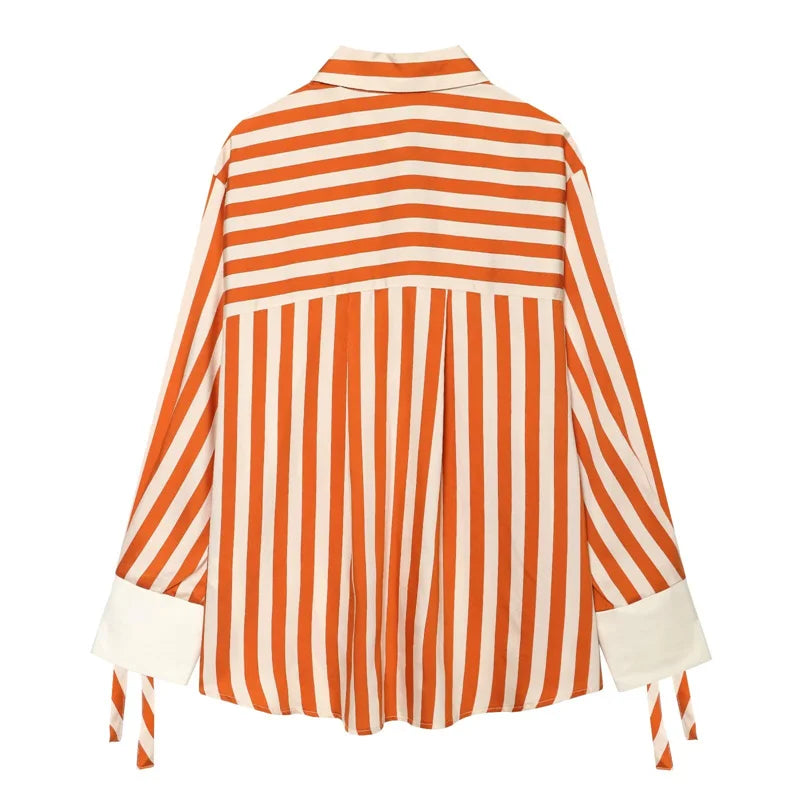 Women's Striped Bow-Tie Shirt Jacket in Polyester