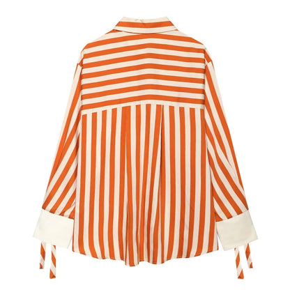 Women's Striped Bow-Tie Shirt Jacket in Polyester