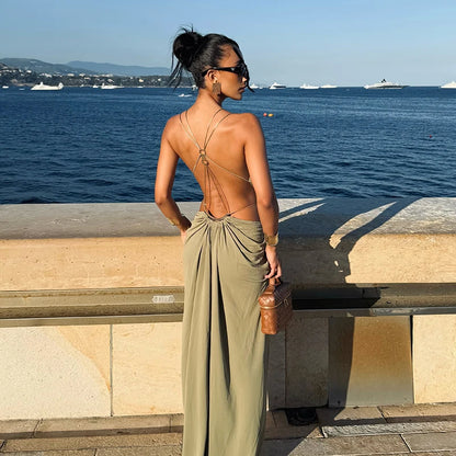Backless Halter Dress for Women in Solid Polyester
