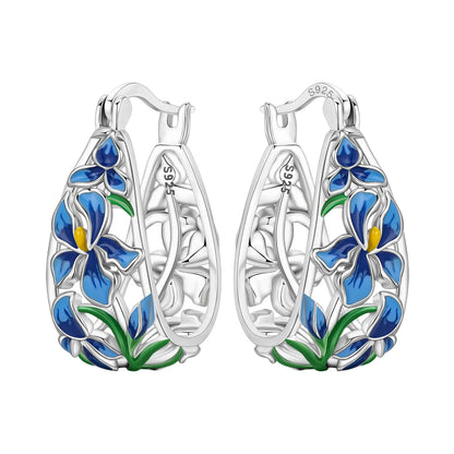 S925 Sterling Silver Iris Flower Hoop Earrings for Women