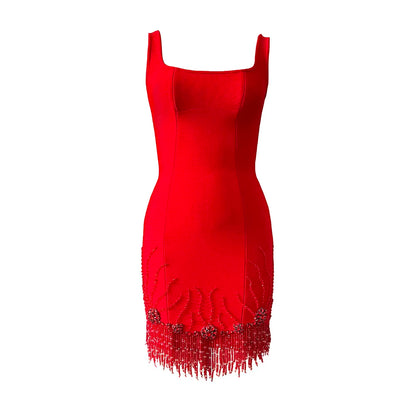 Women Sleeveless Bandage Dress with Beading and Tassels
